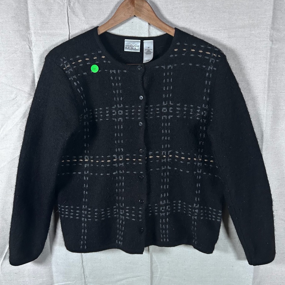 Villager Sport Liz Claiborne Black 100% Wool Plaid Button Front‎ Cardigan Size M